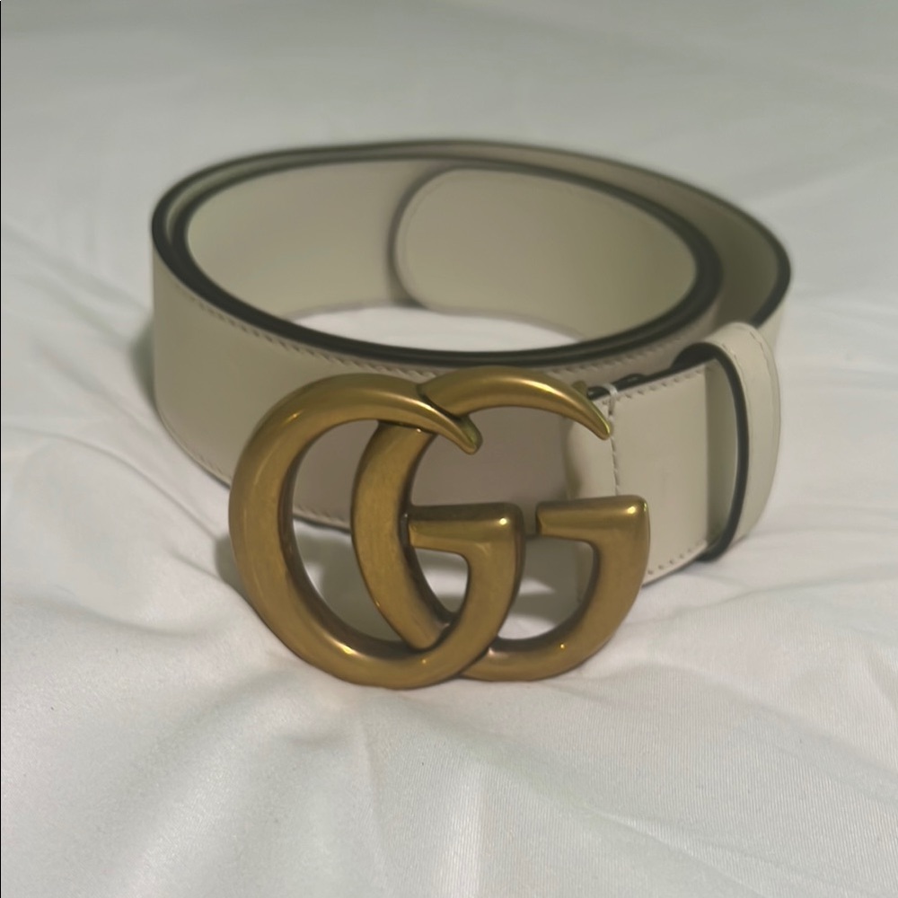 Gucci Cream Gold Belt with Iconic GG Buckle